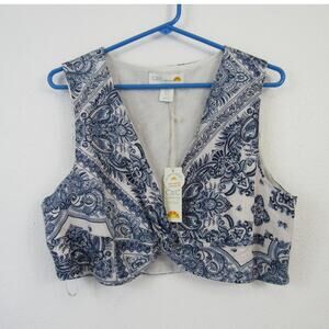 C&C California XL 100% Linen White & Blue Paisley Print Crossover Crop Tank Top